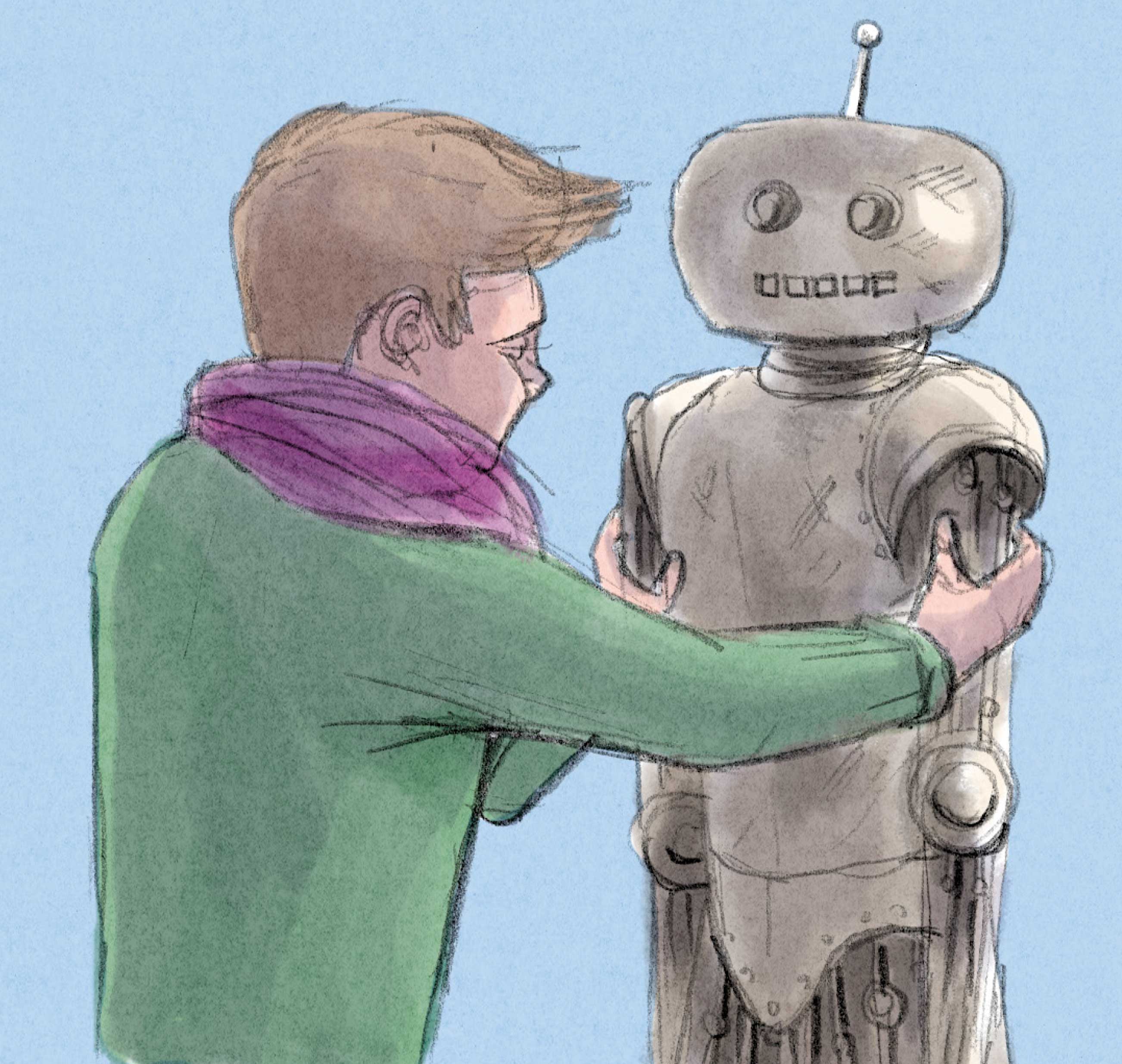 a child holding up a humanoid robot
