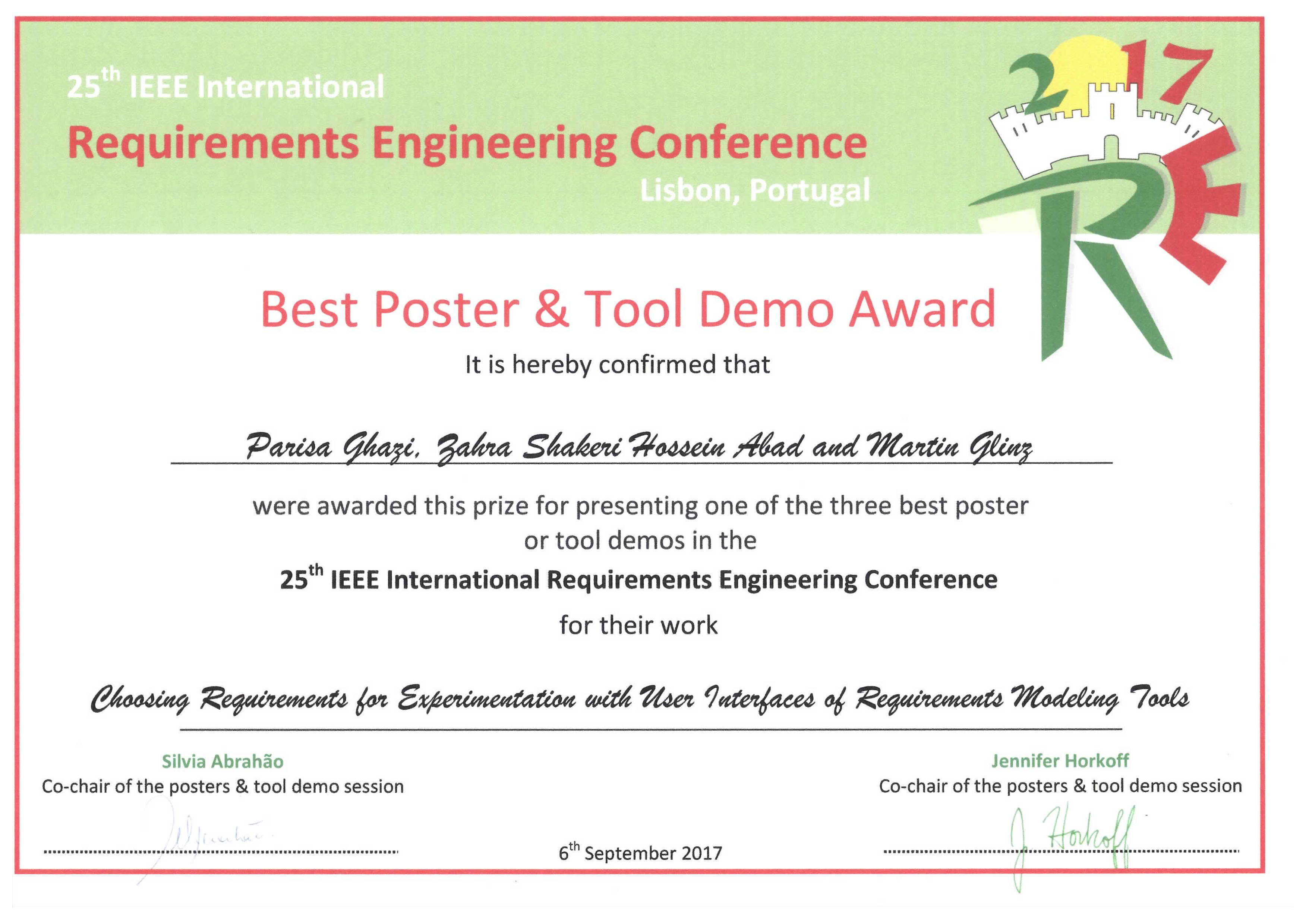 RE'17 Best Poster & Tool Demo Award Certificate